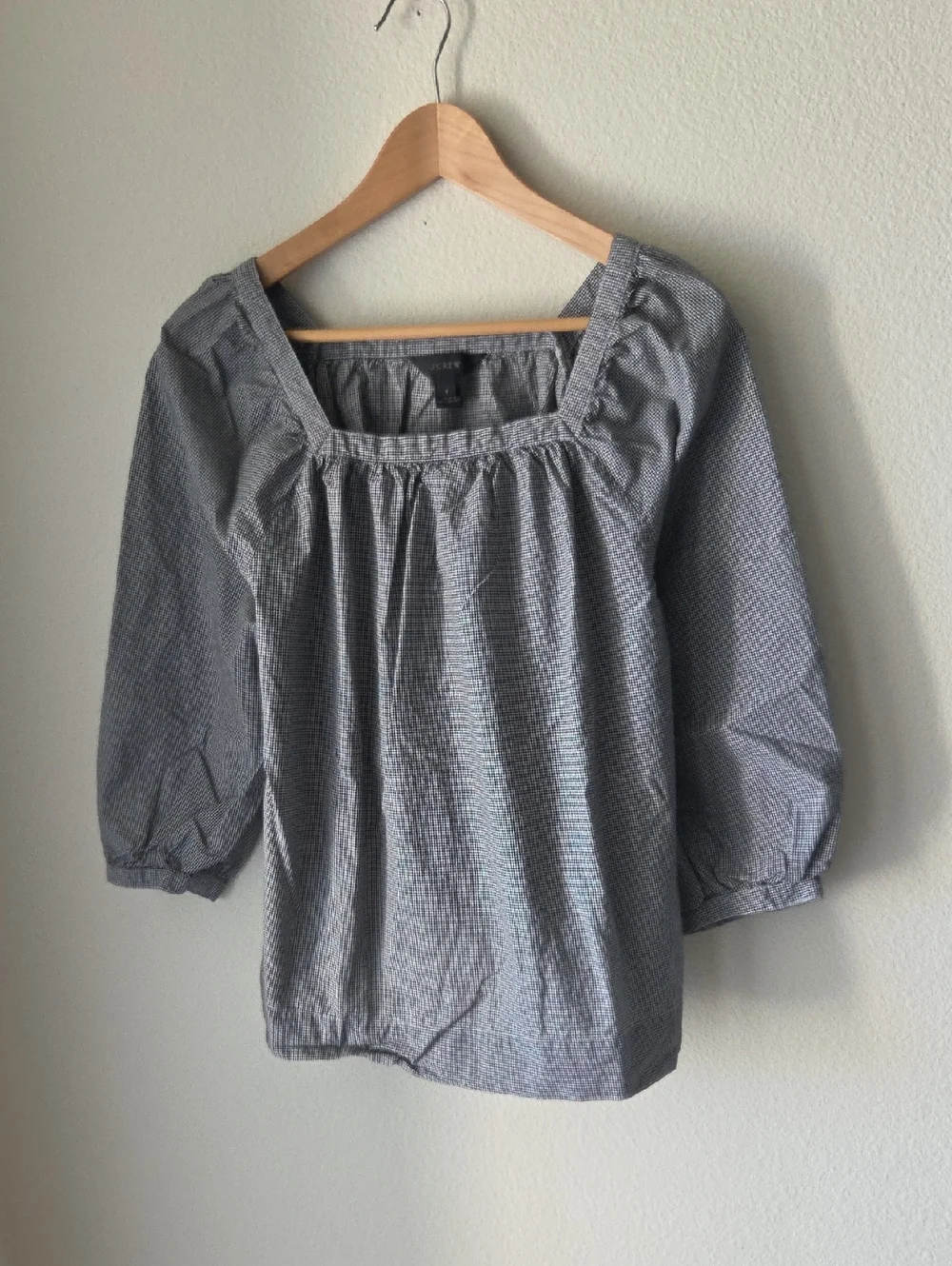 J. Crew Gray Checked Square Neck Peasant Blouse 100% Cotton Sz 8 Boho Cottage